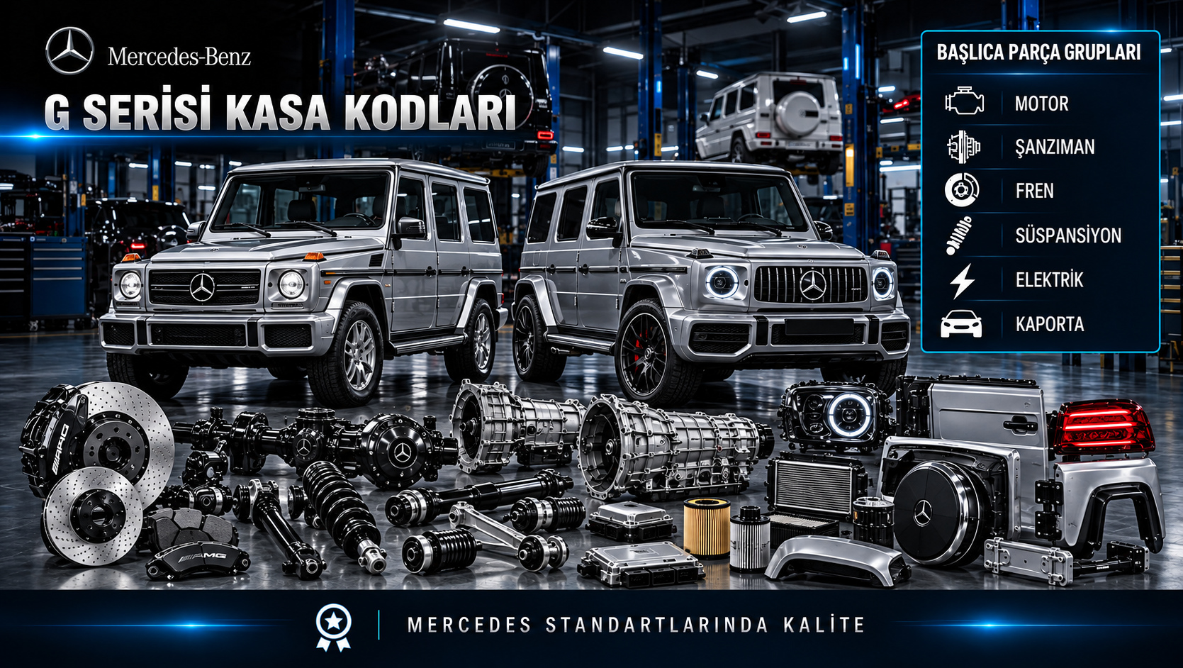 Mercedes G-Serisi kasa seçimi, motor, arazi aktarması, fren, süspansiyon ve gövde parçaları