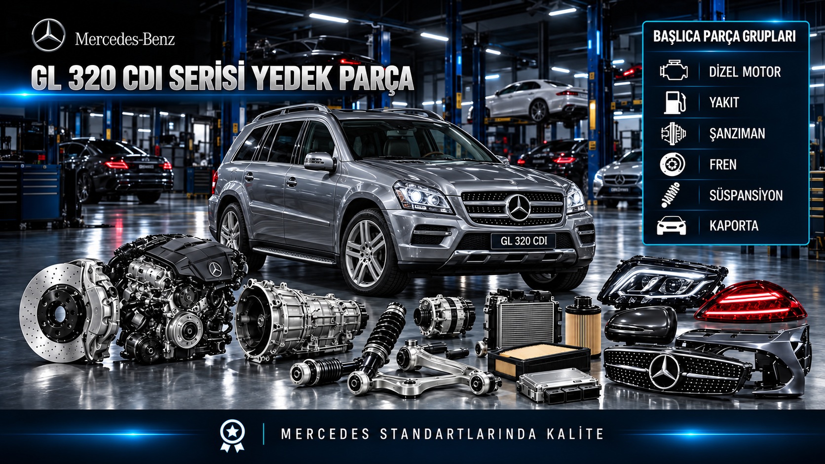 Mercedes-Benz GL 320 CDI dizel SUV için motor, yakıt, fren ve süspansiyon parçalarını gösteren kategori bannerı