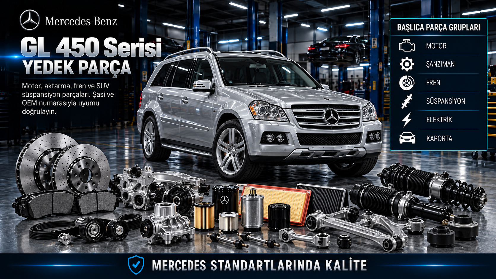 Mercedes GL 450 SUV için motor, şanzıman, aktarma, fren, süspansiyon ve gövde parçaları