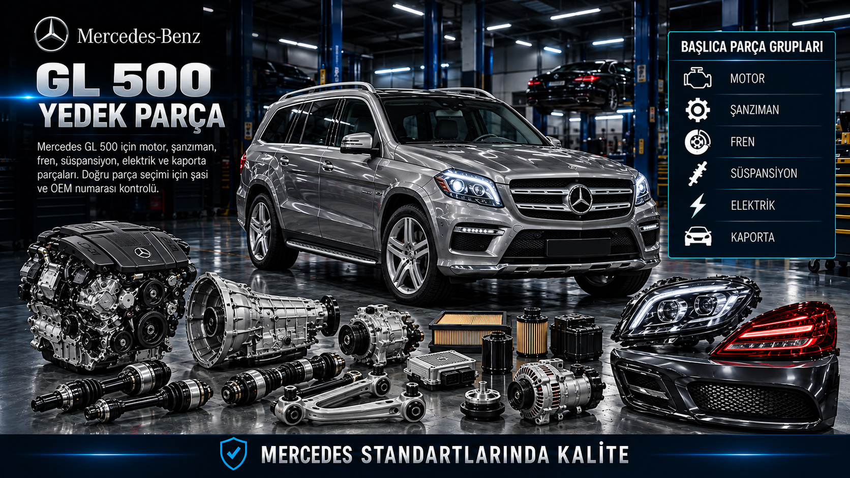 Mercedes GL 500 SUV motor fren süspansiyon ve aktarma parçaları