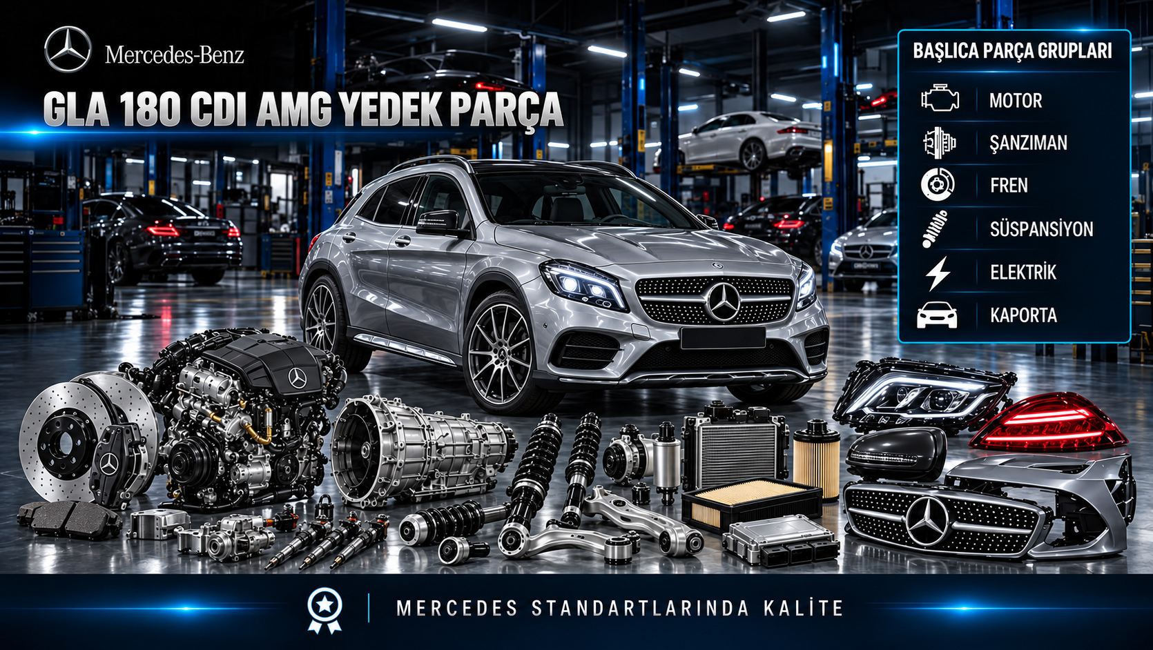 Mercedes GLA 180 CDI AMG donanımlı araç için dizel motor, bakım, fren ve gövde parçaları