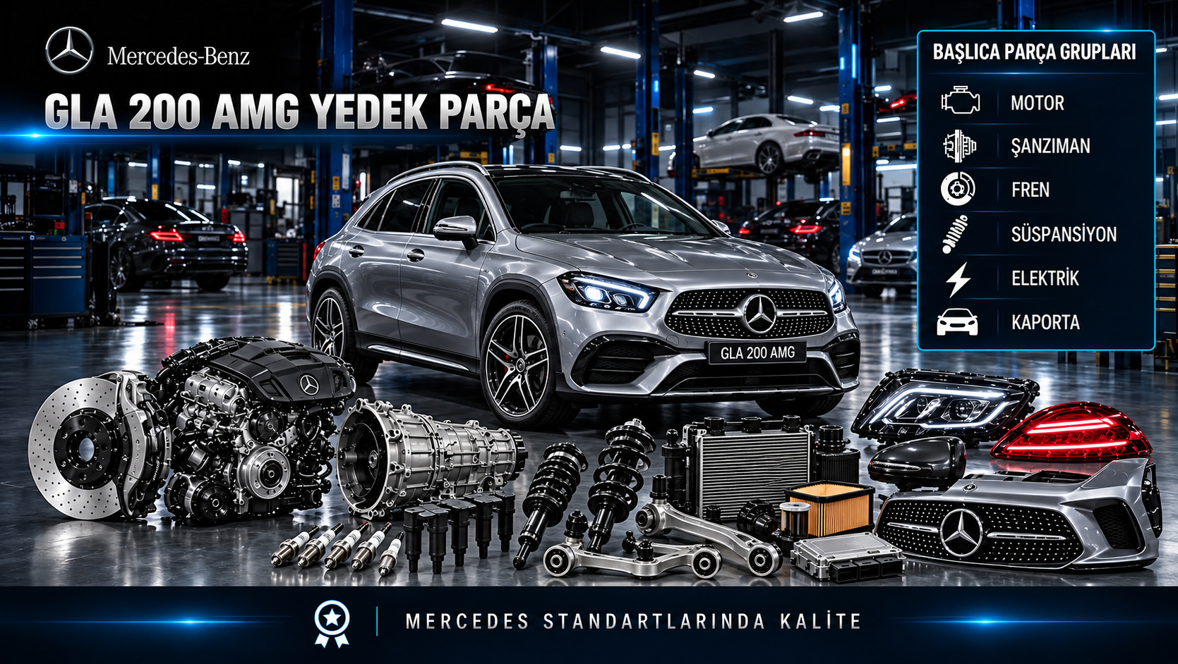 Mercedes GLA 200 AMG donanımlı araç için motor, bakım, fren, süspansiyon ve görünüm parçaları