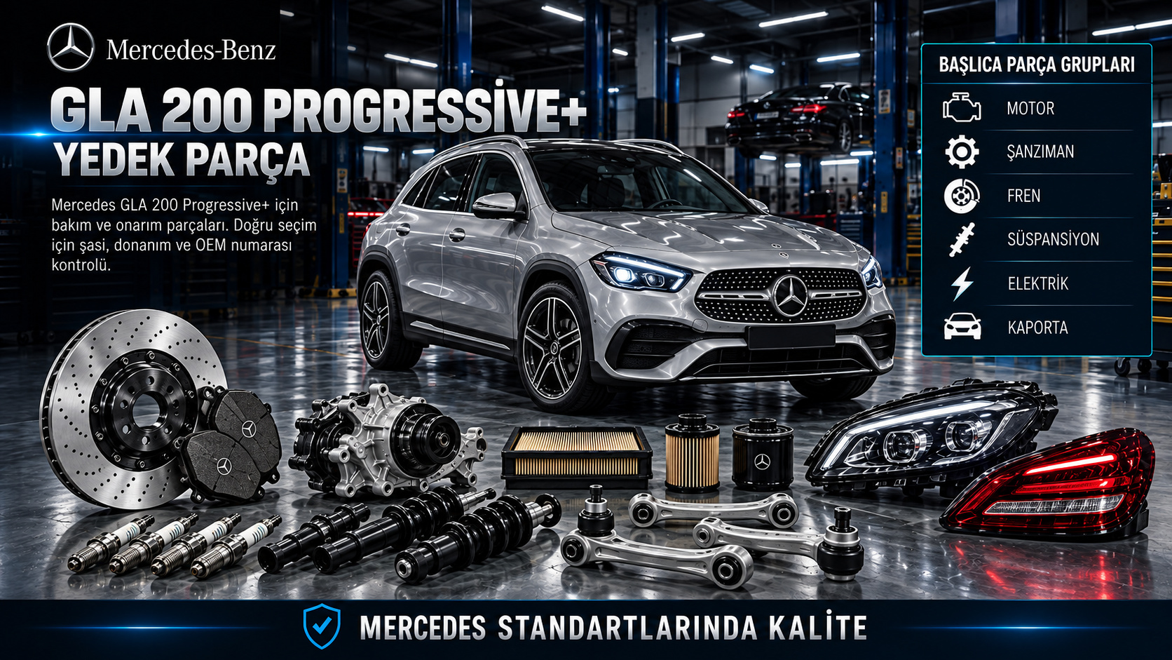 Mercedes GLA 200 Progressive Plus kompakt SUV motor, fren, süspansiyon ve gövde parçaları