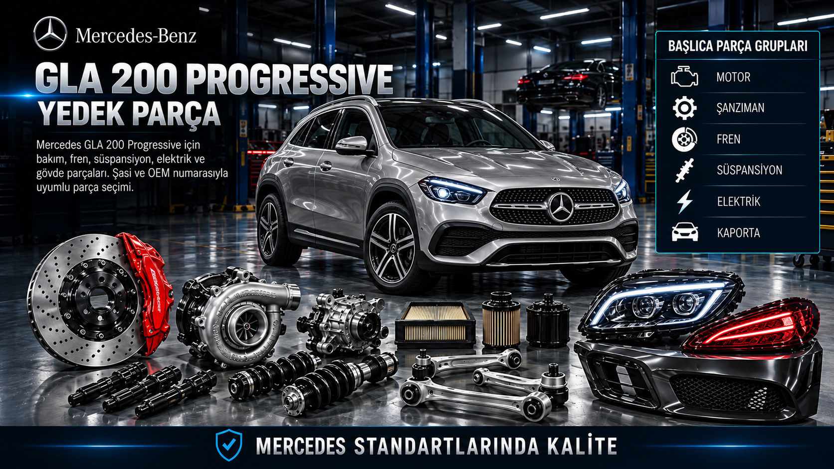Mercedes GLA 200 Progressive motor, ateşleme, şanzıman, fren, süspansiyon ve SUV gövde parçaları