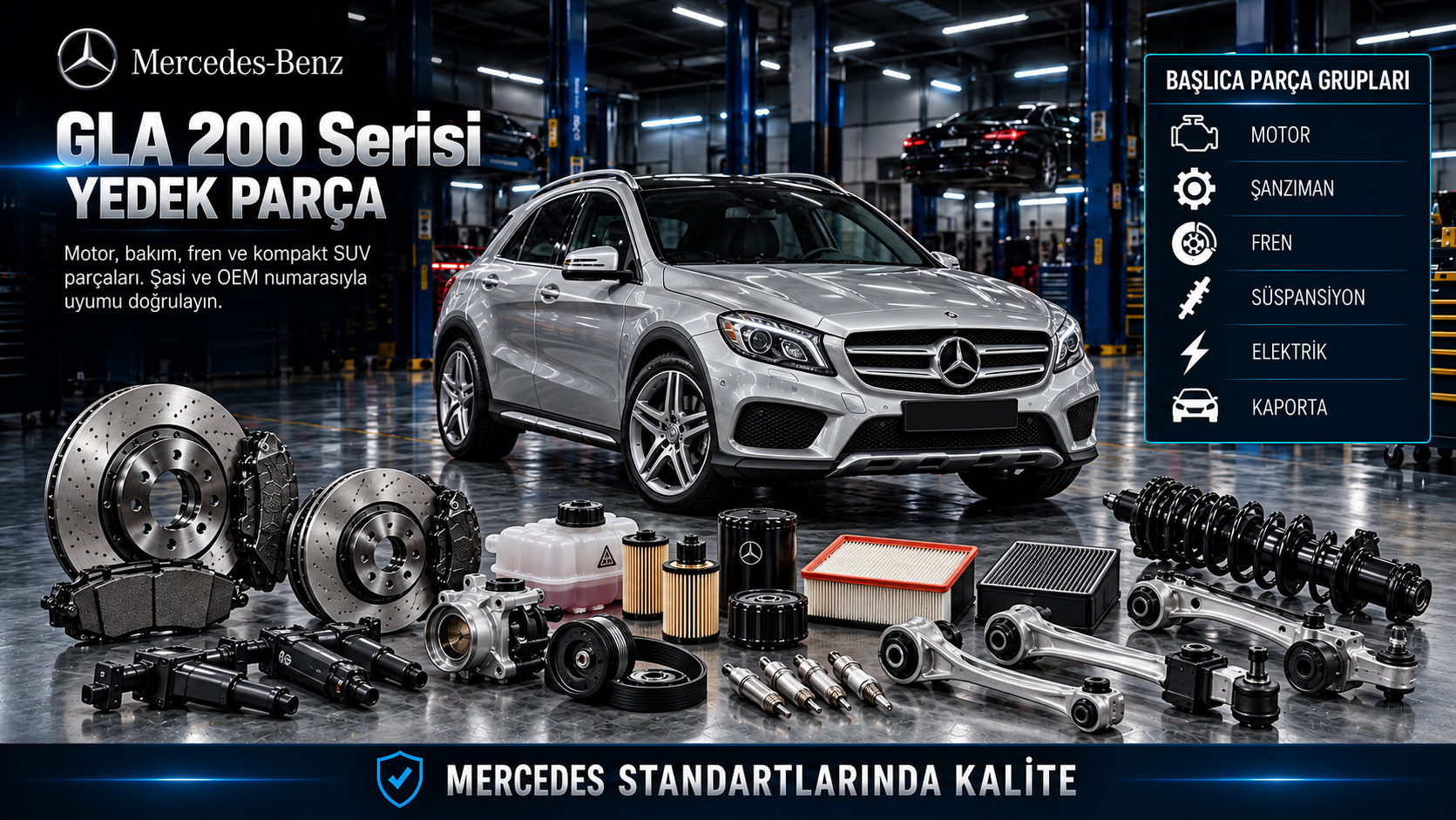 Mercedes GLA 200 kompakt SUV için motor, ateşleme, bakım, fren ve süspansiyon parçaları