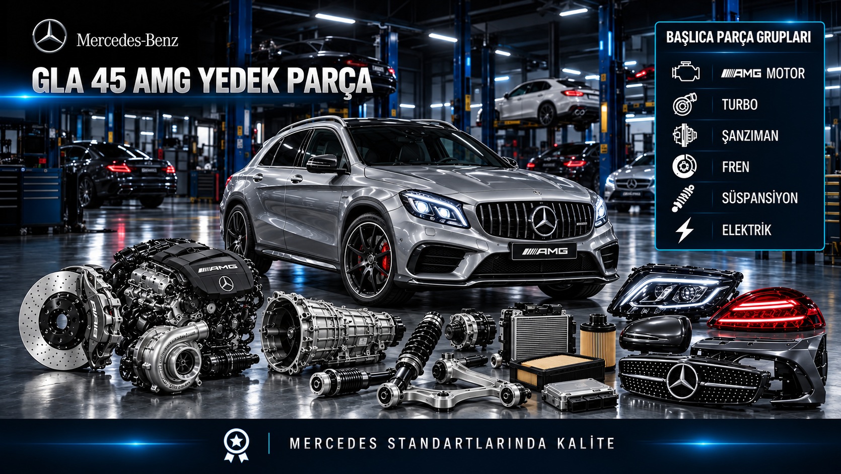 Mercedes-Benz GLA 45 AMG için performans motoru, fren, süspansiyon ve gövde parçalarını gösteren kategori bannerı