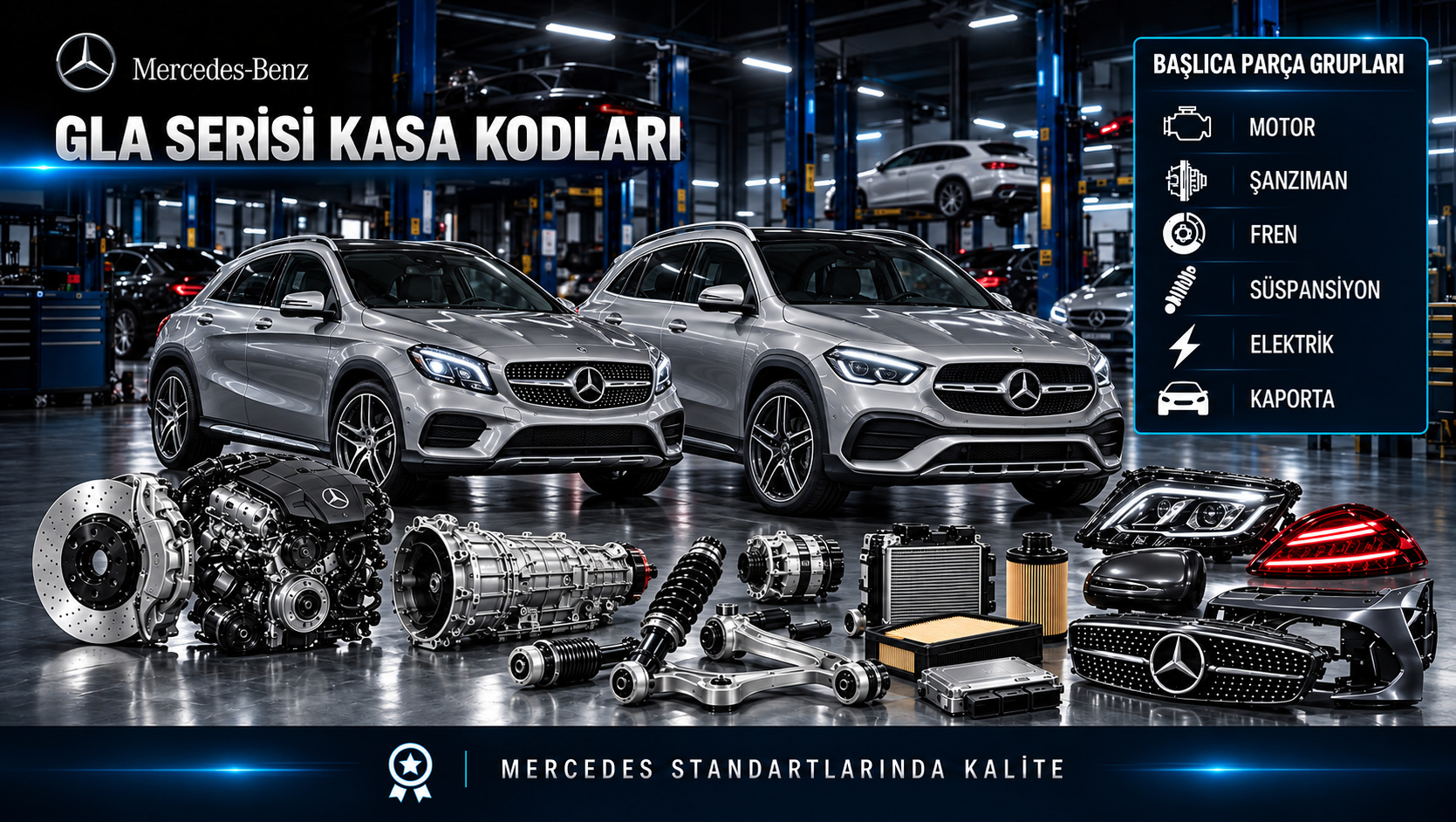 Mercedes GLA Serisi kasa seçimi, motor, bakım, fren, aktarma ve kompakt SUV parçaları