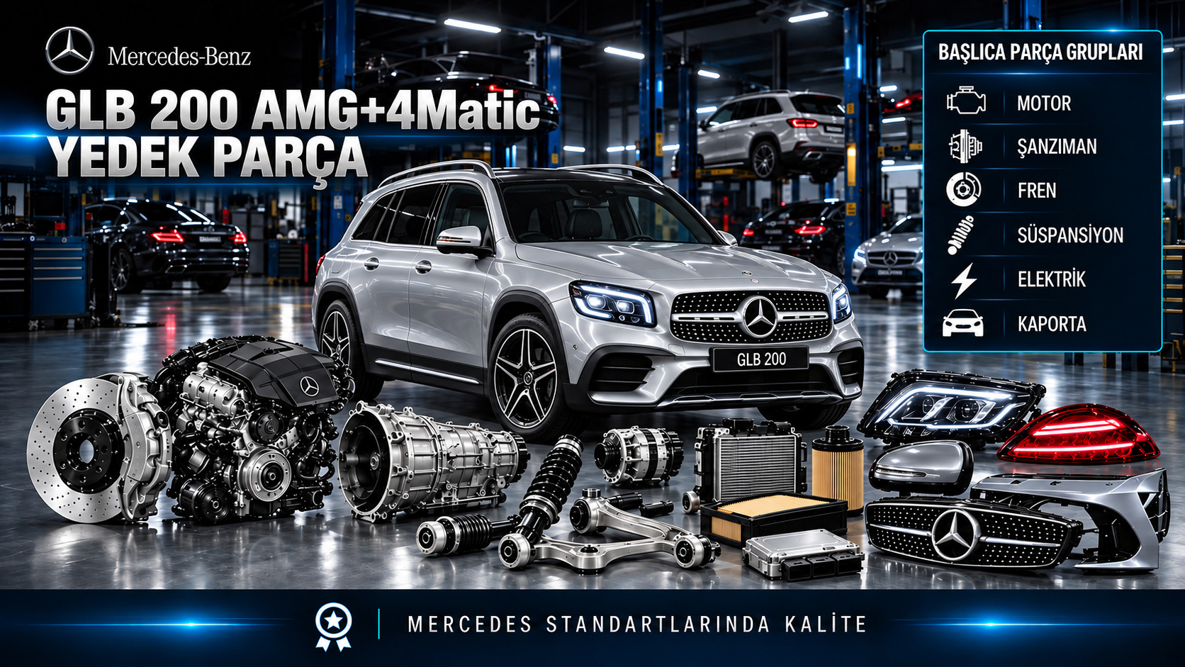 Mercedes-Benz GLB 200 AMG donanım ve çekiş bilgisine göre motor, fren, aktarma ve gövde parçaları