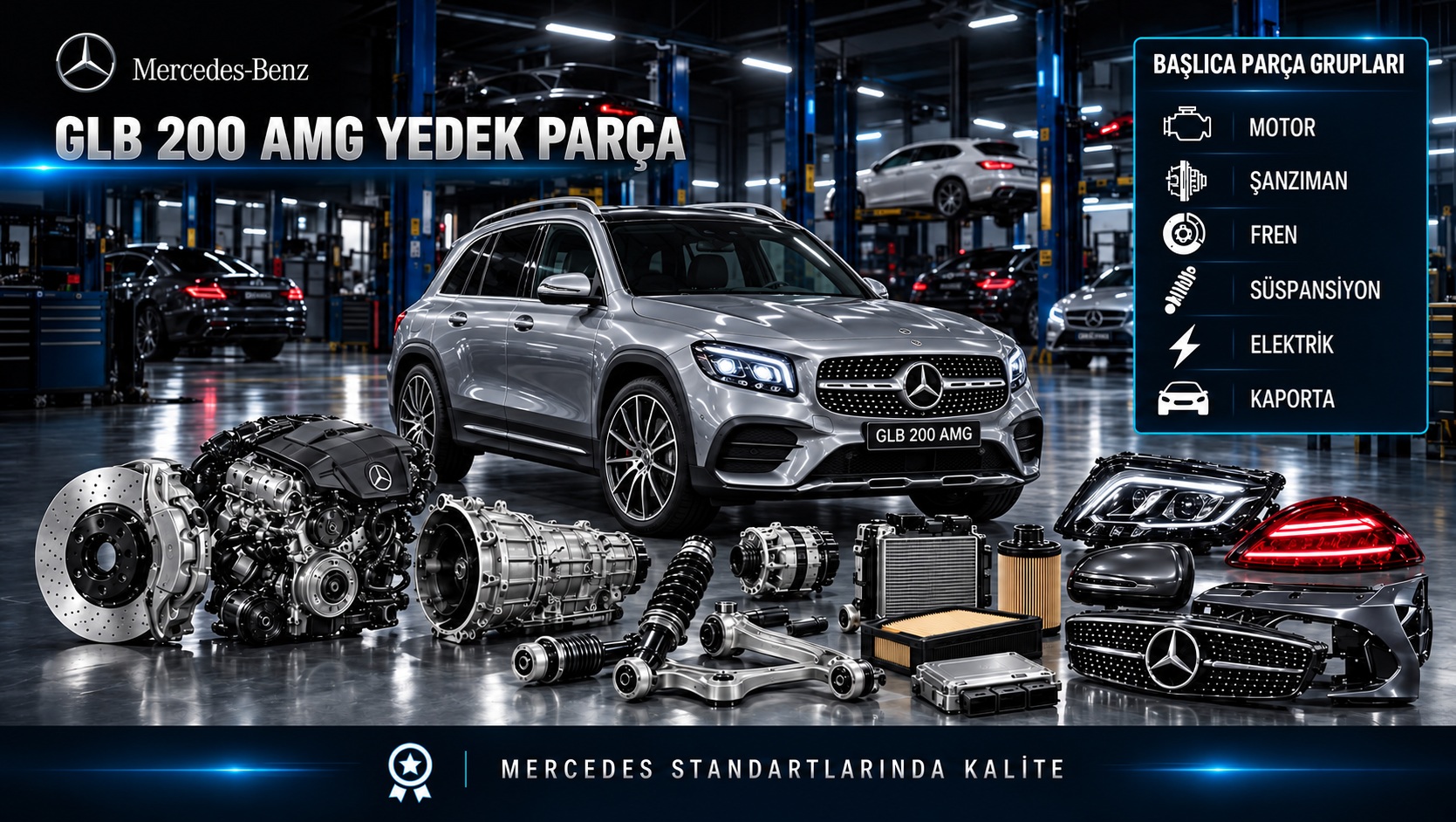 Mercedes GLB 200 AMG araç ve motor, fren, süspansiyon ile gövde yedek parça gruplarını gösteren kategori bannerı