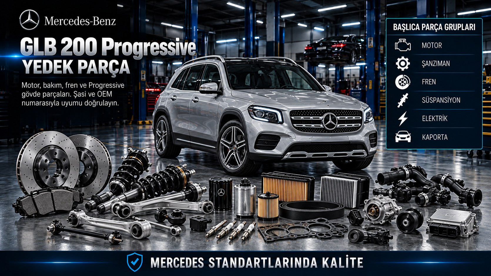 Mercedes GLB 200 Progressive için motor, filtre, fren, süspansiyon ve donanıma uygun gövde parçaları
