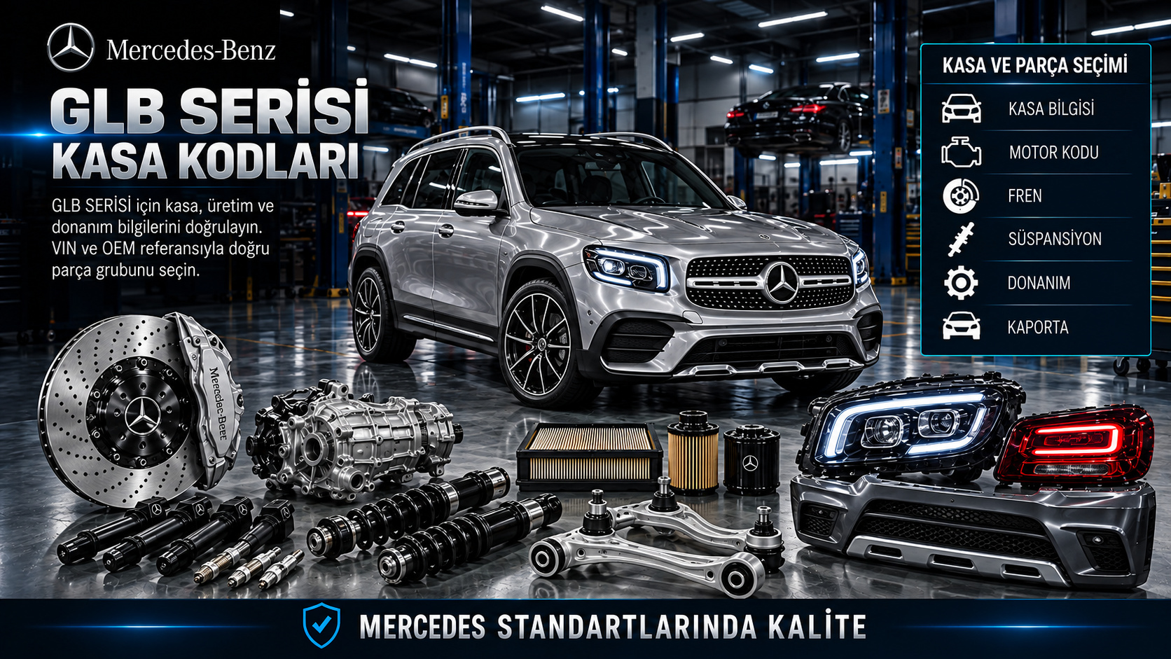Mercedes-Benz GLB Serisi kasa, SUV gövde, çekiş ve donanım bilgisine göre parça seçimi