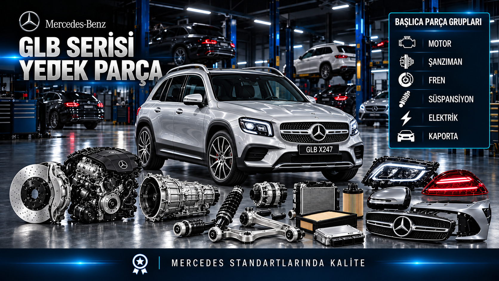 Mercedes GLB için kategoriye uygun tahrik, bakım, fren, süspansiyon ve gövde parçaları
