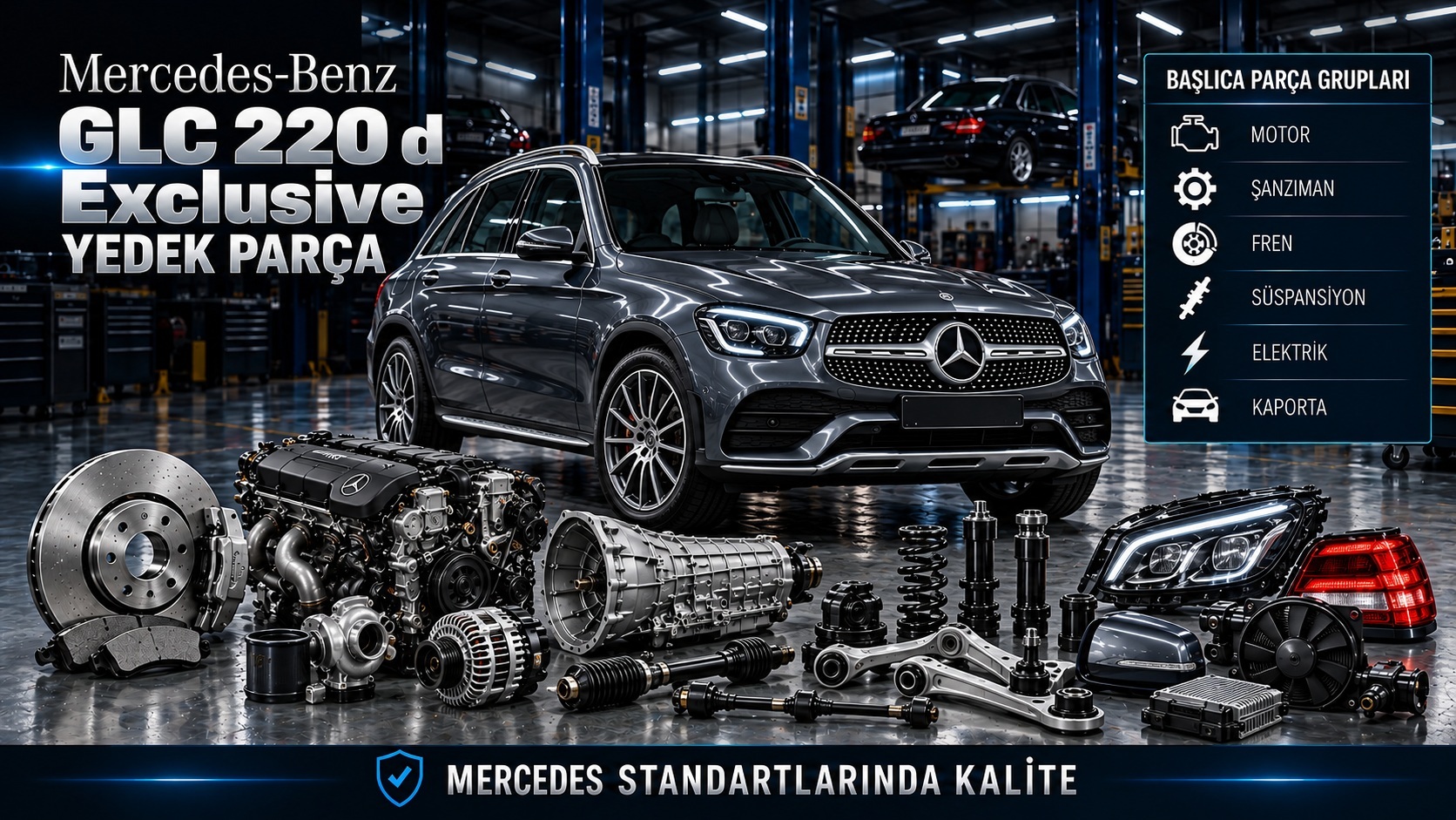 Mercedes-Benz GLC 220 d Exclusive dizel motor, fren, süspansiyon ve donanım parçaları