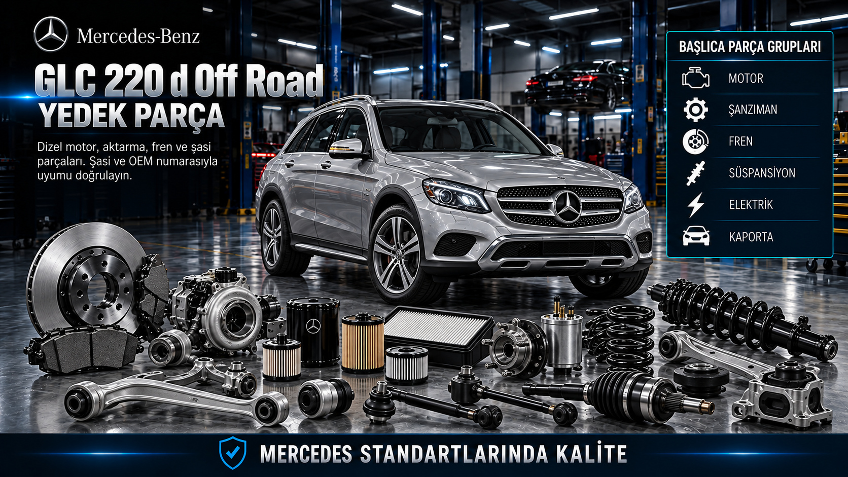 Mercedes GLC 220 d Off Road için dizel motor, turbo, aktarma, fren ve şasi parçaları