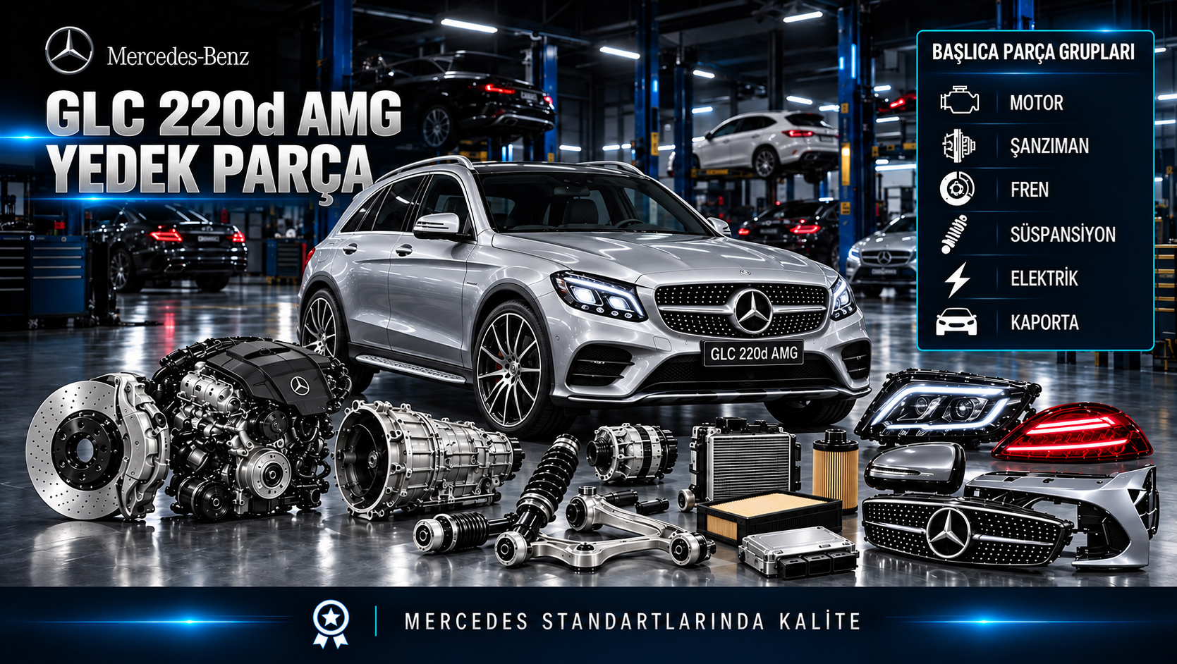 Mercedes-Benz GLC 220d AMG donanımlı SUV için dizel motor, fren, süspansiyon ve gövde parçaları