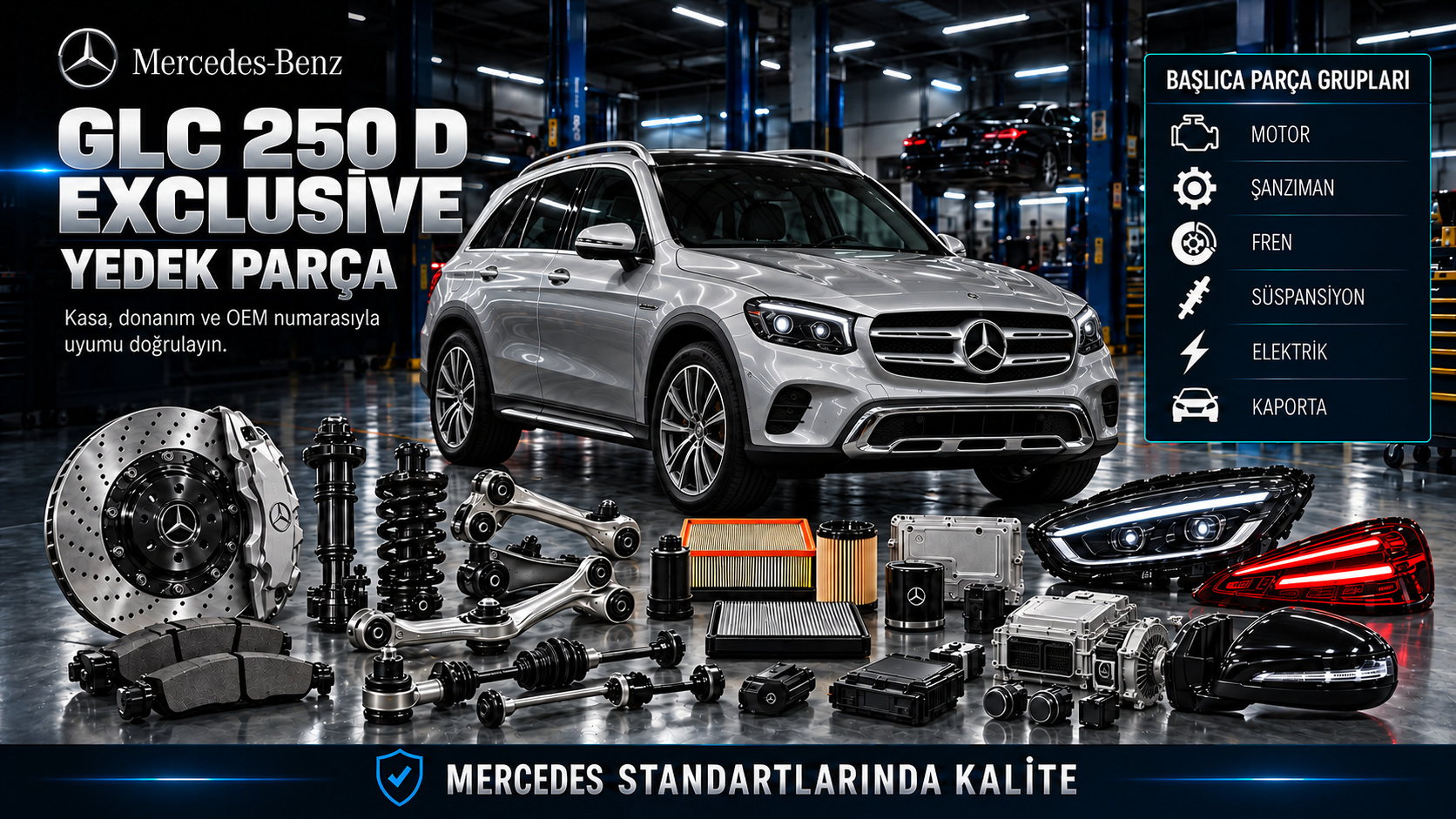 Mercedes GLC 250 d Exclusive dizel motor, aktarma, fren, tampon ve gövde parçaları