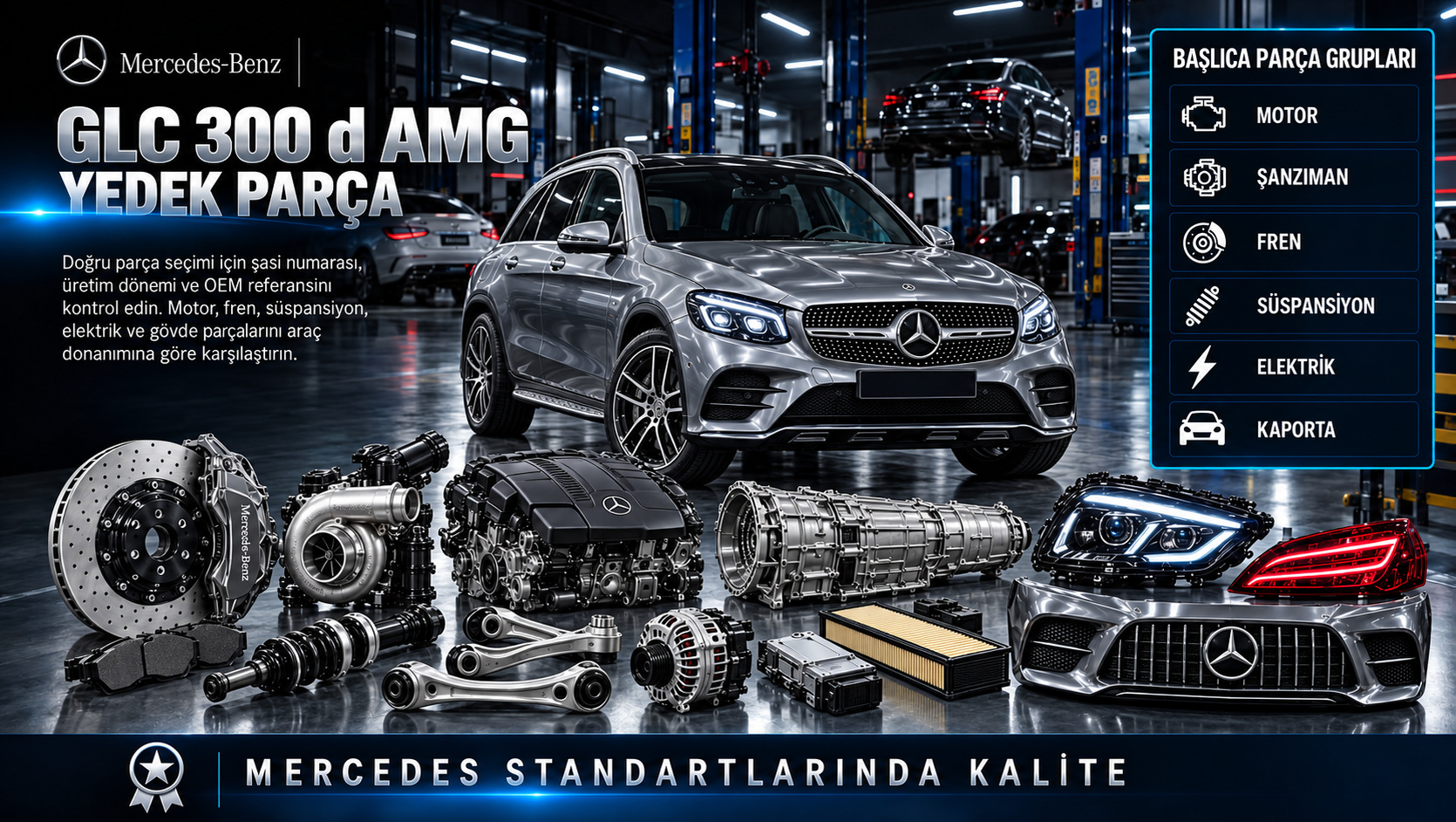 Mercedes GLC 300 d AMG Yedek Parça: motor, aktarma, fren, süspansiyon ve gövde parçaları