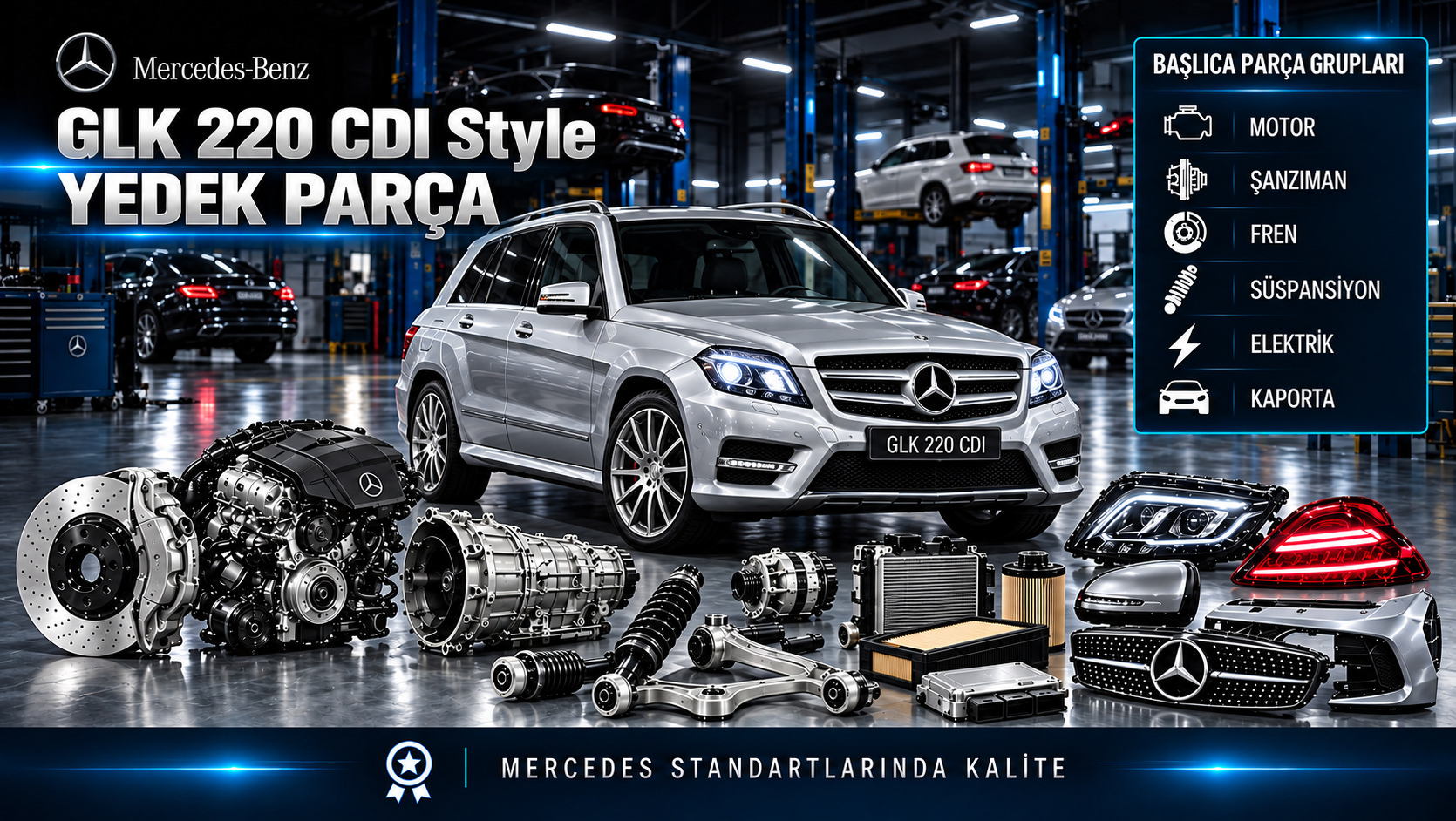 Mercedes-Benz GLK 220 CDI Style dizel SUV için motor, filtre, fren, süspansiyon ve gövde parçaları