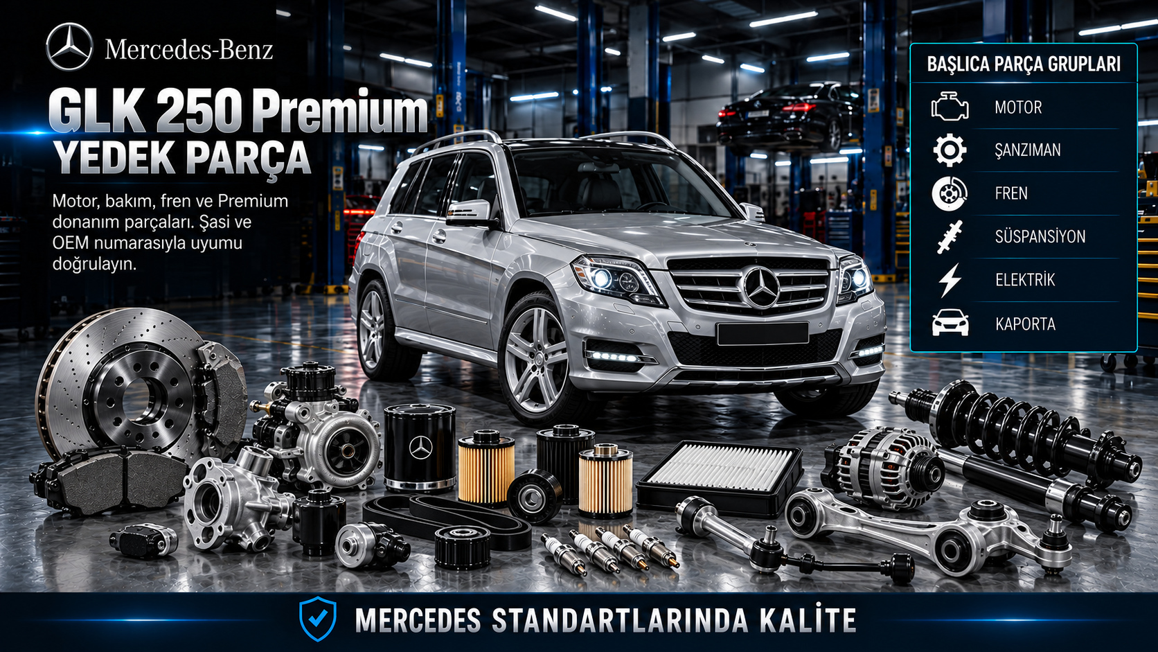 Mercedes GLK 250 Premium için motor, bakım, aktarma, fren, süspansiyon ve konfor parçaları
