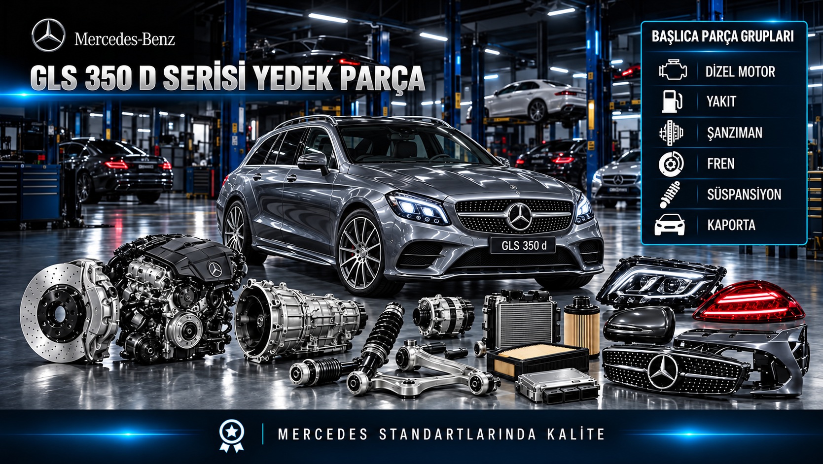 Mercedes GLS 350 D SUV ve dizel motor, şanzıman, fren, süspansiyon yedek parça grupları