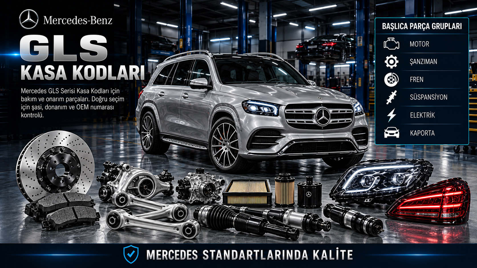 Mercedes GLS Serisi SUV kasa kodları, motor, aktarma, hava süspansiyonu ve gövde parçaları