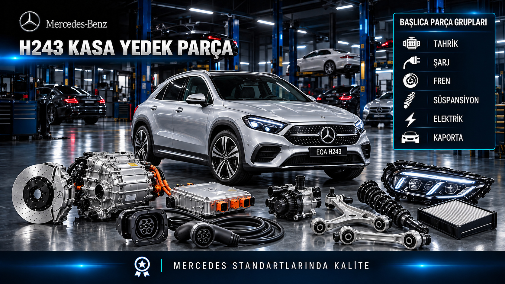Mercedes EQA H243 elektrikli tahrik, şarj, termal yönetim, fren ve gövde parçaları