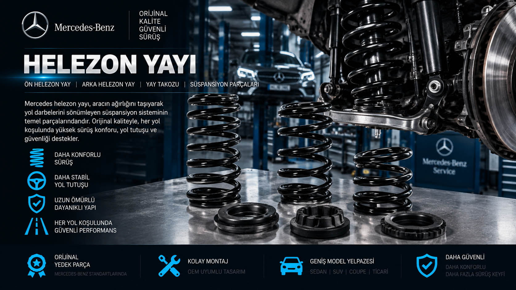 Mercedes helezon yayı, ön arka süspansiyon yayı ve coil spring çeşitleri