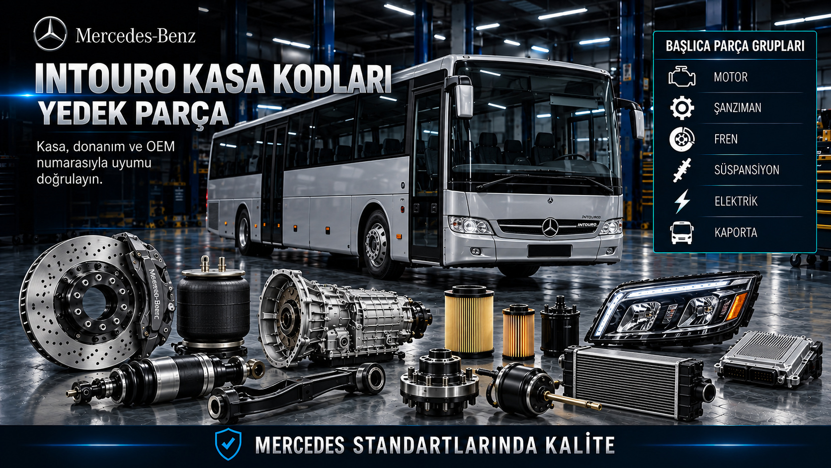 Mercedes Intouro otobüs kasa kodları, motor, şanzıman, fren ve gövde parçaları