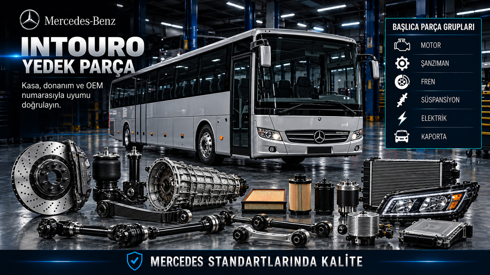 Mercedes Intouro otobüs motor, fren, hava sistemi, süspansiyon ve kapı parçaları