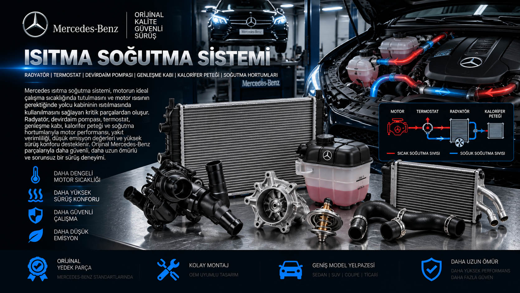 Mercedes ısıtma soğutma sistemi, radyatör, devirdaim pompası, termostat ve kalorifer parçaları