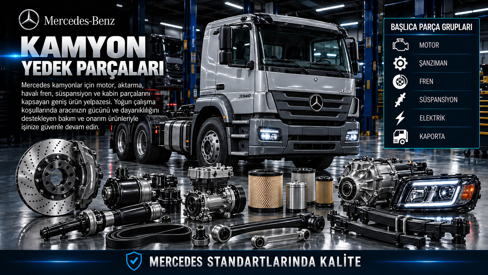 Mercedes Kamyon Yedek Parçaları: motor, aktarma, fren, süspansiyon ve gövde parçaları