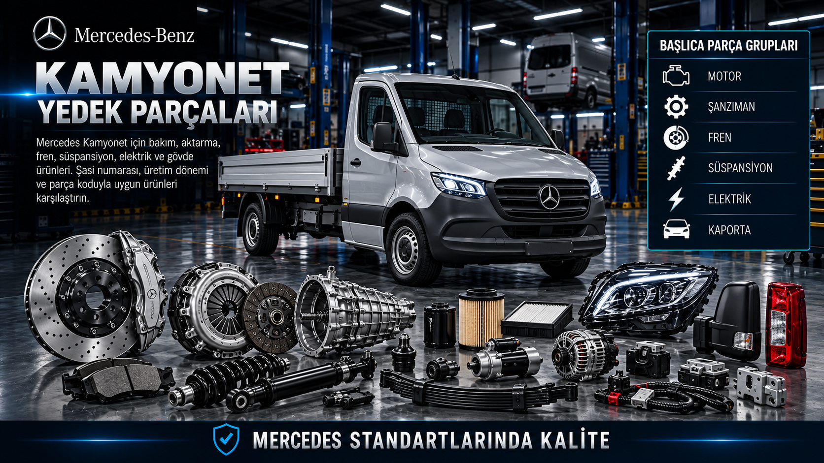 Mercedes kamyonet motor, aktarma, fren, süspansiyon ve kabin parçaları