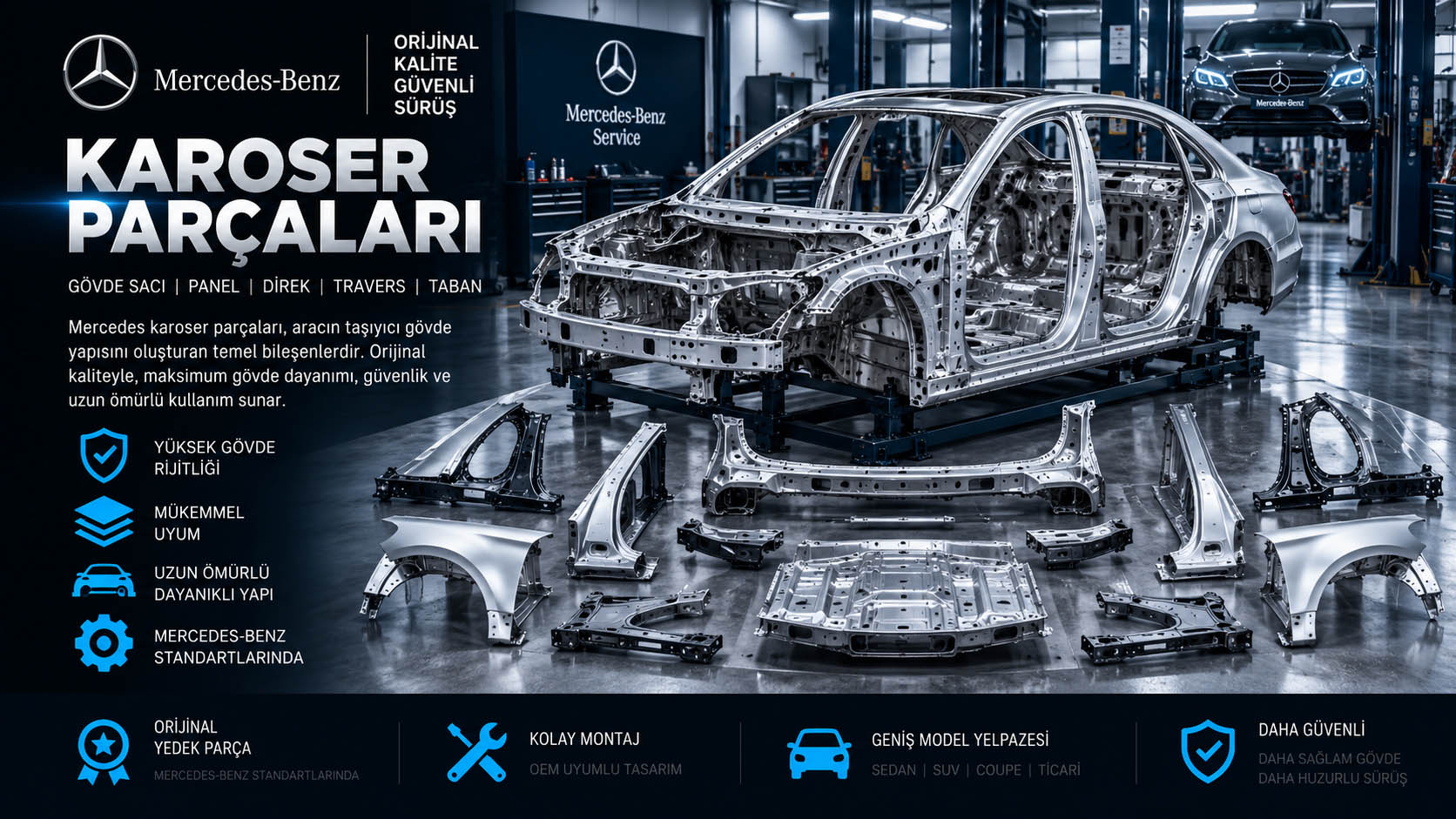 Mercedes karoser parçaları, gövde sacları, direk, panel ve travers çeşitleri
