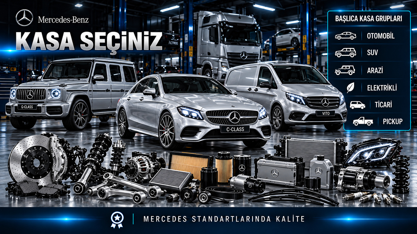Mercedes otomobil, SUV, arazi, elektrikli ve ticari araçlar için kasa seçimi