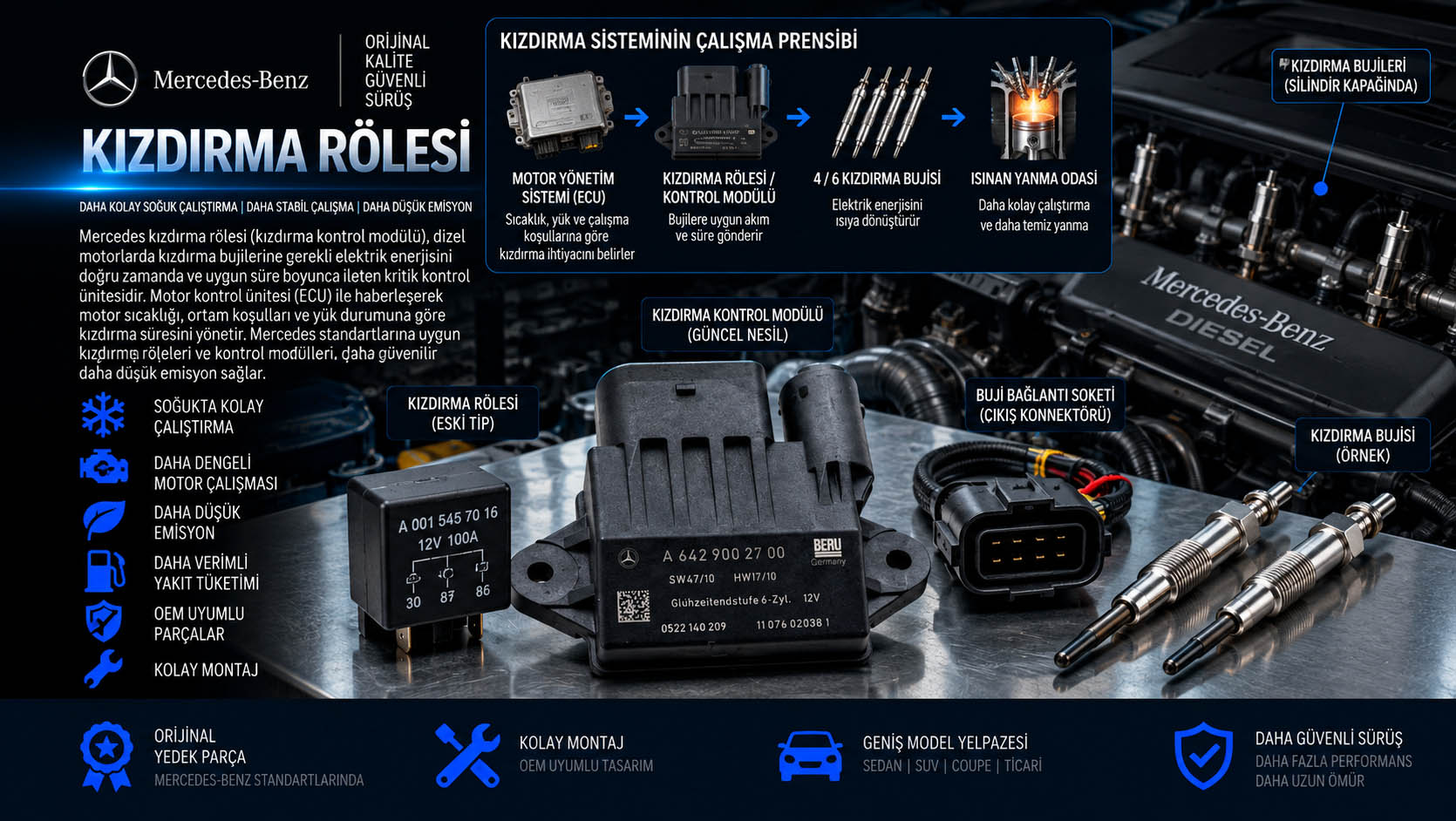 Mercedes kızdırma rölesi, kızdırma kontrol modülü ve glow plug control module çeşitleri