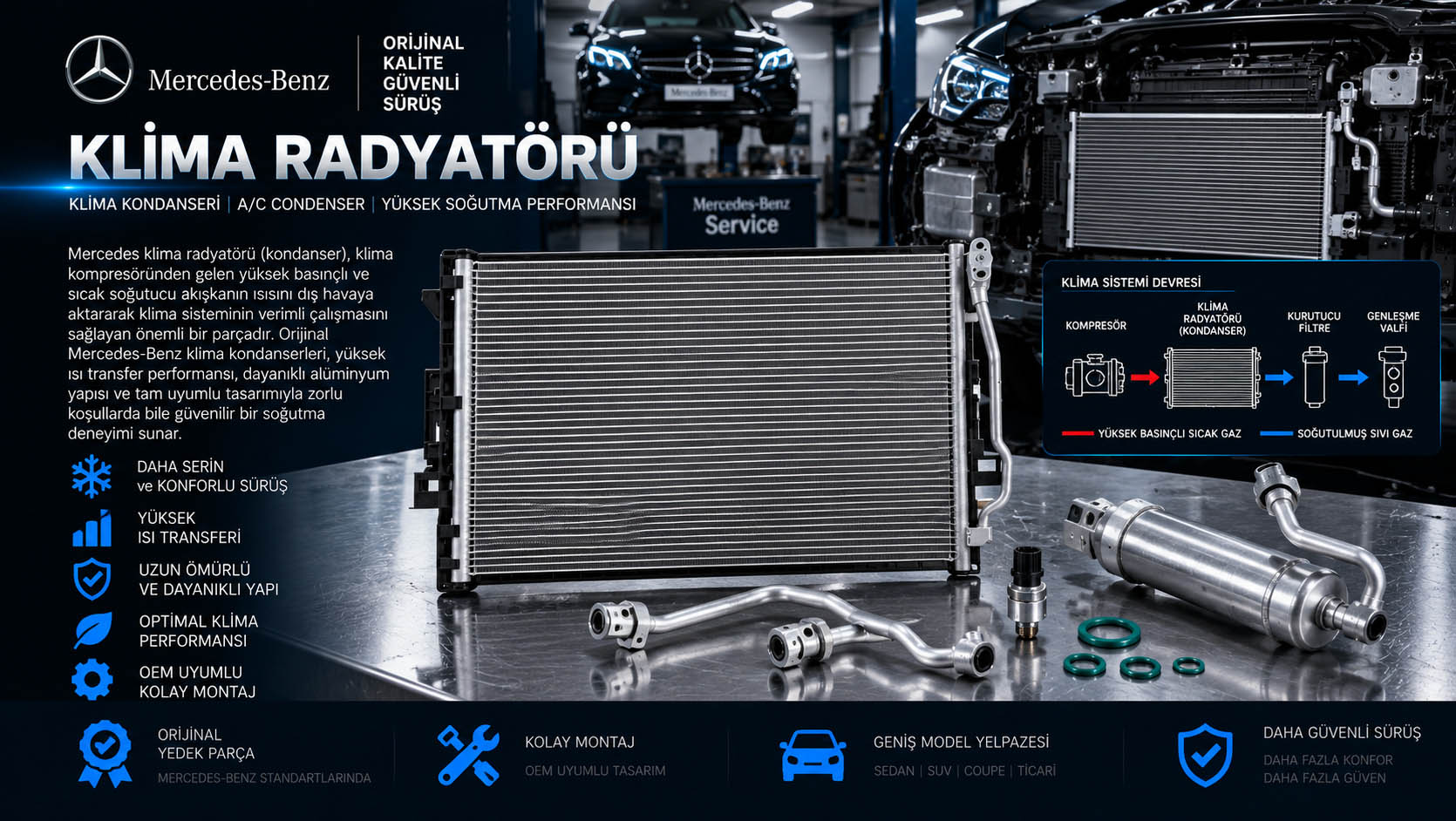 Mercedes klima radyatörü, klima kondanseri ve A/C condenser çeşitleri