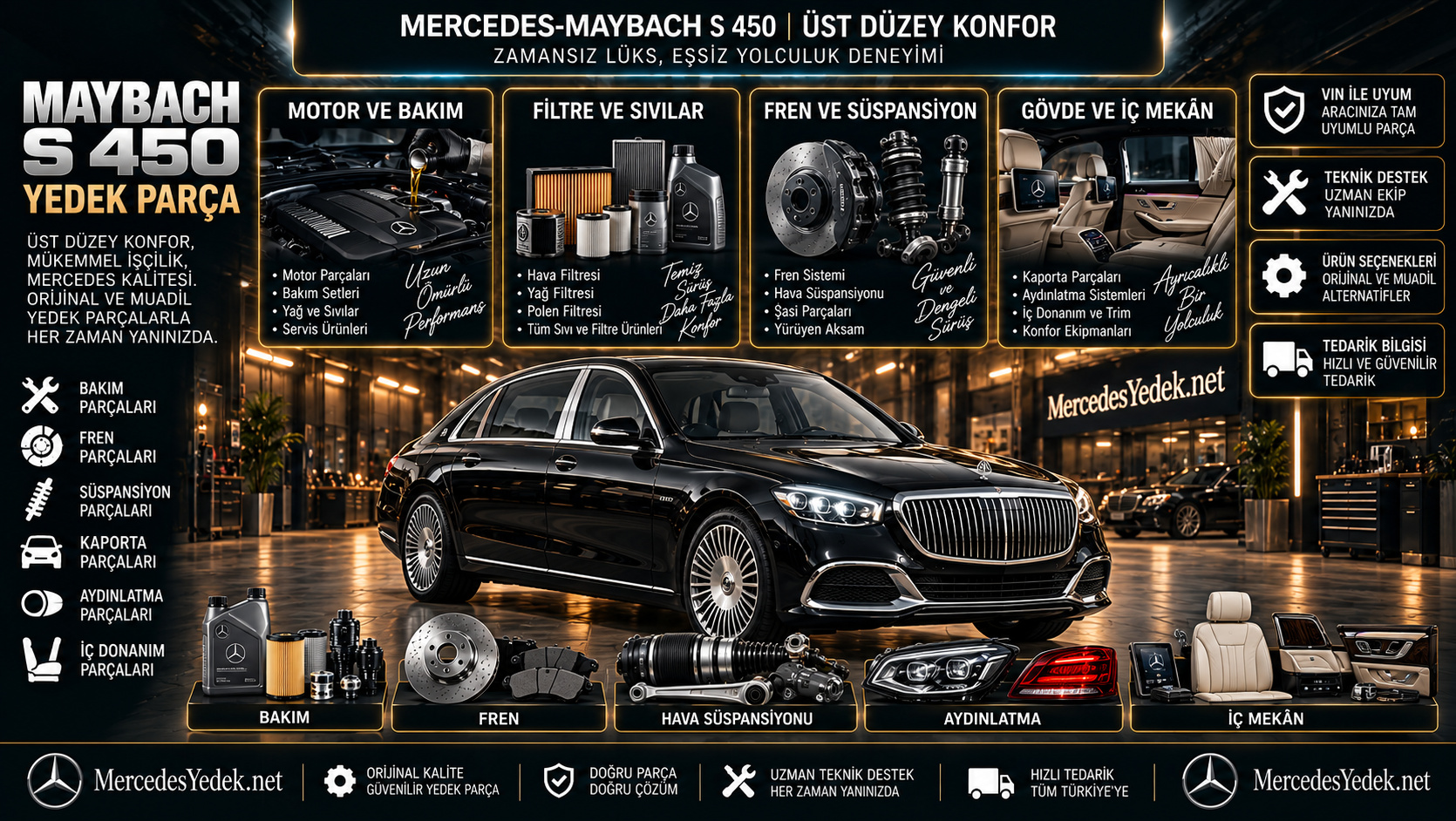 Mercedes-Benz Maybach S 450 yedek parça ve konfor donanımlarını gösteren kategori bannerı