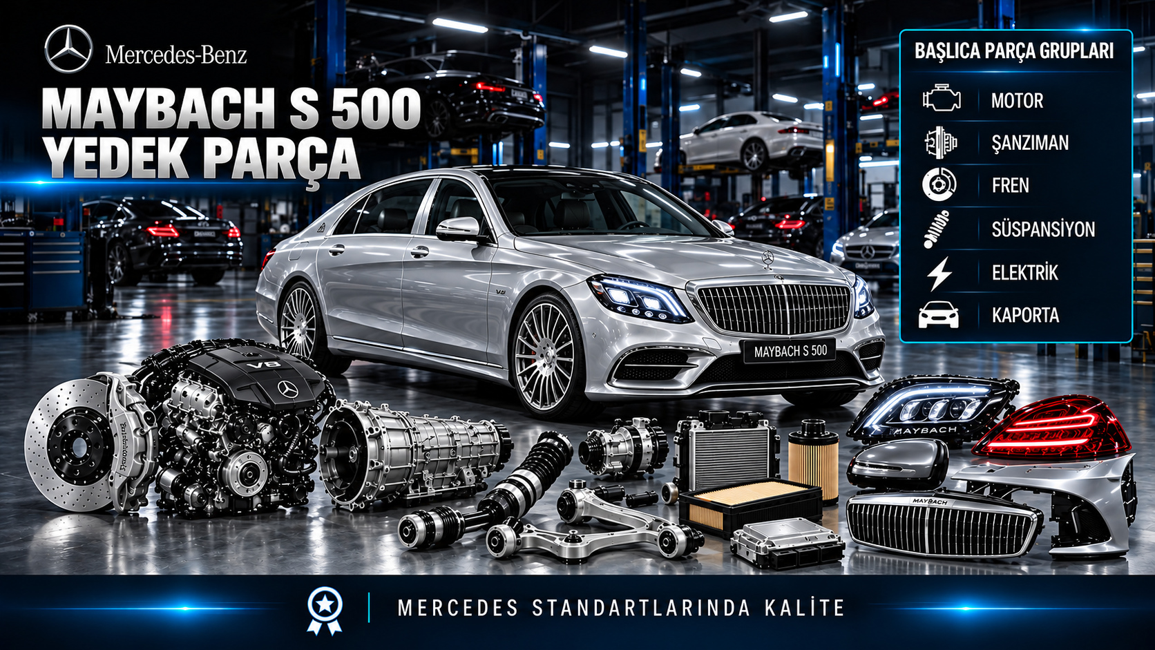 Mercedes Maybach S 500 için kategoriye uygun tahrik, bakım, fren, süspansiyon ve gövde parçaları