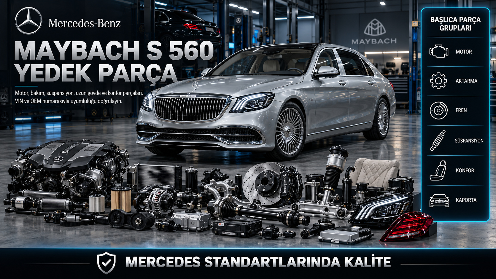 Mercedes-Maybach S 560 motor, süspansiyon, uzun gövde ve konfor yedek parçaları