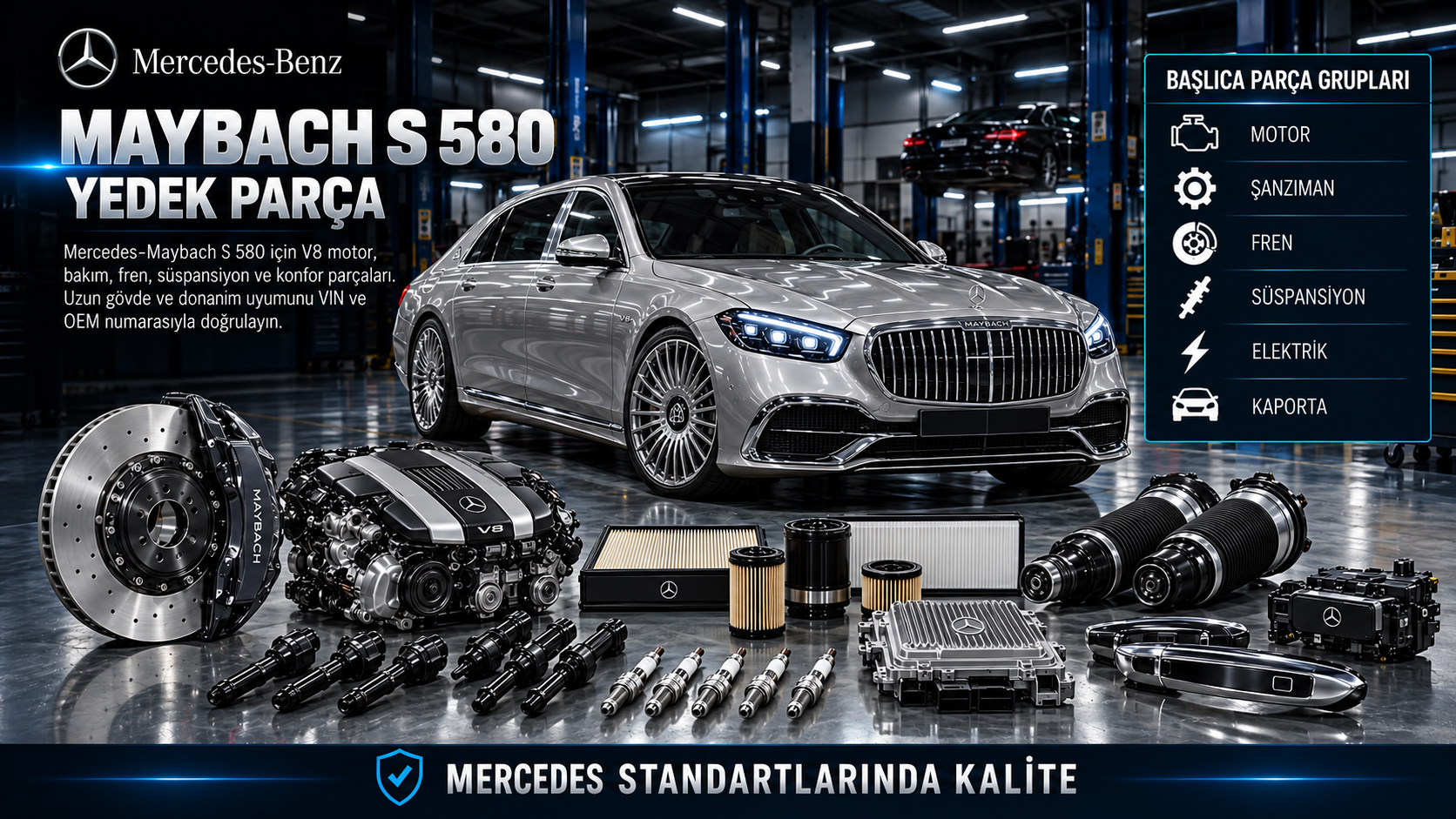 Mercedes-Maybach S 580 ve V8 motor, süspansiyon, konfor parçalarını gösteren kategori görseli