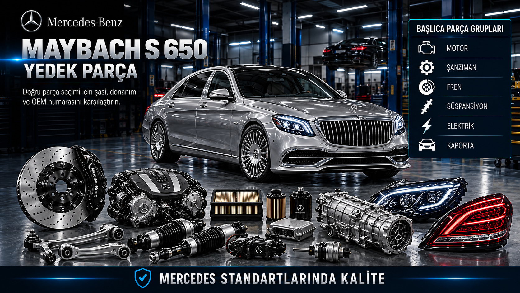 Mercedes Maybach S 650 motor, ateşleme, soğutma, süspansiyon ve kabin konfor parçaları