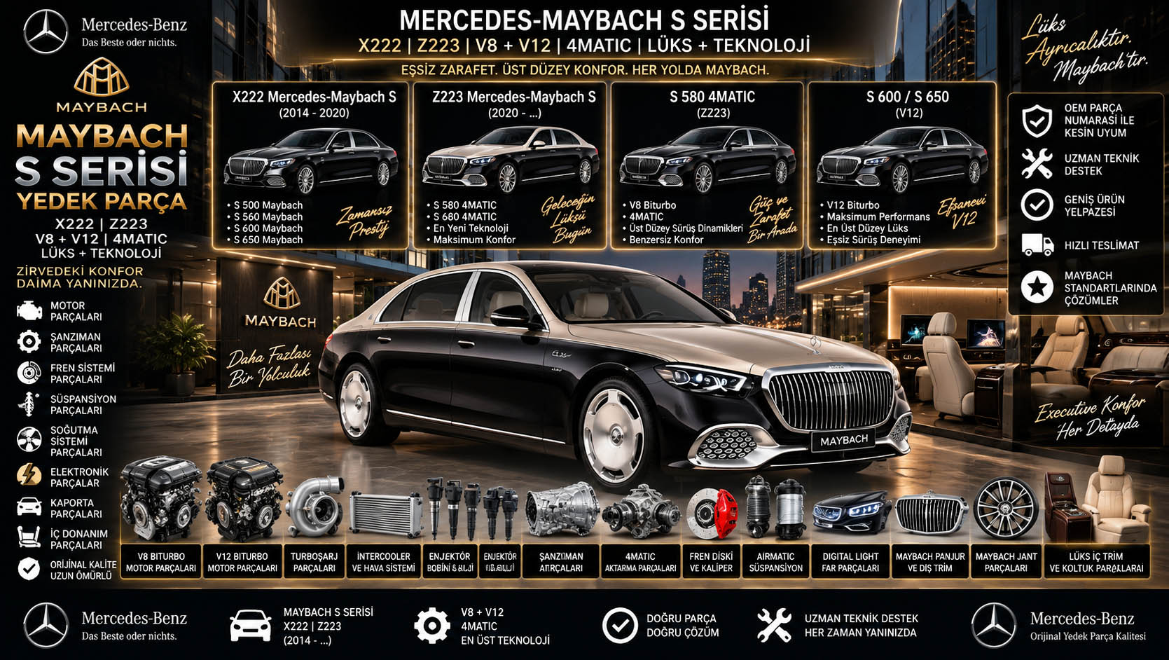 Mercedes Maybach S Serisi X222 Z223 yedek parça V8 V12 4MATIC Airmatic motor şanzıman kaporta ve iç donanım parçaları