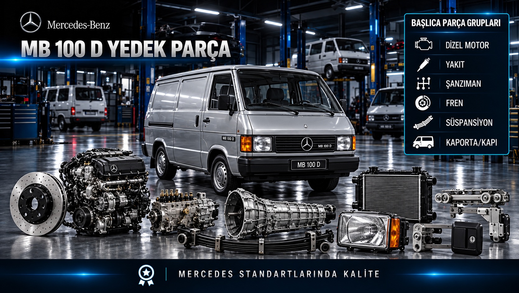 Mercedes MB 100 D klasik ticari van ve dizel motor, şanzıman, fren, yaprak yay yedek parçaları