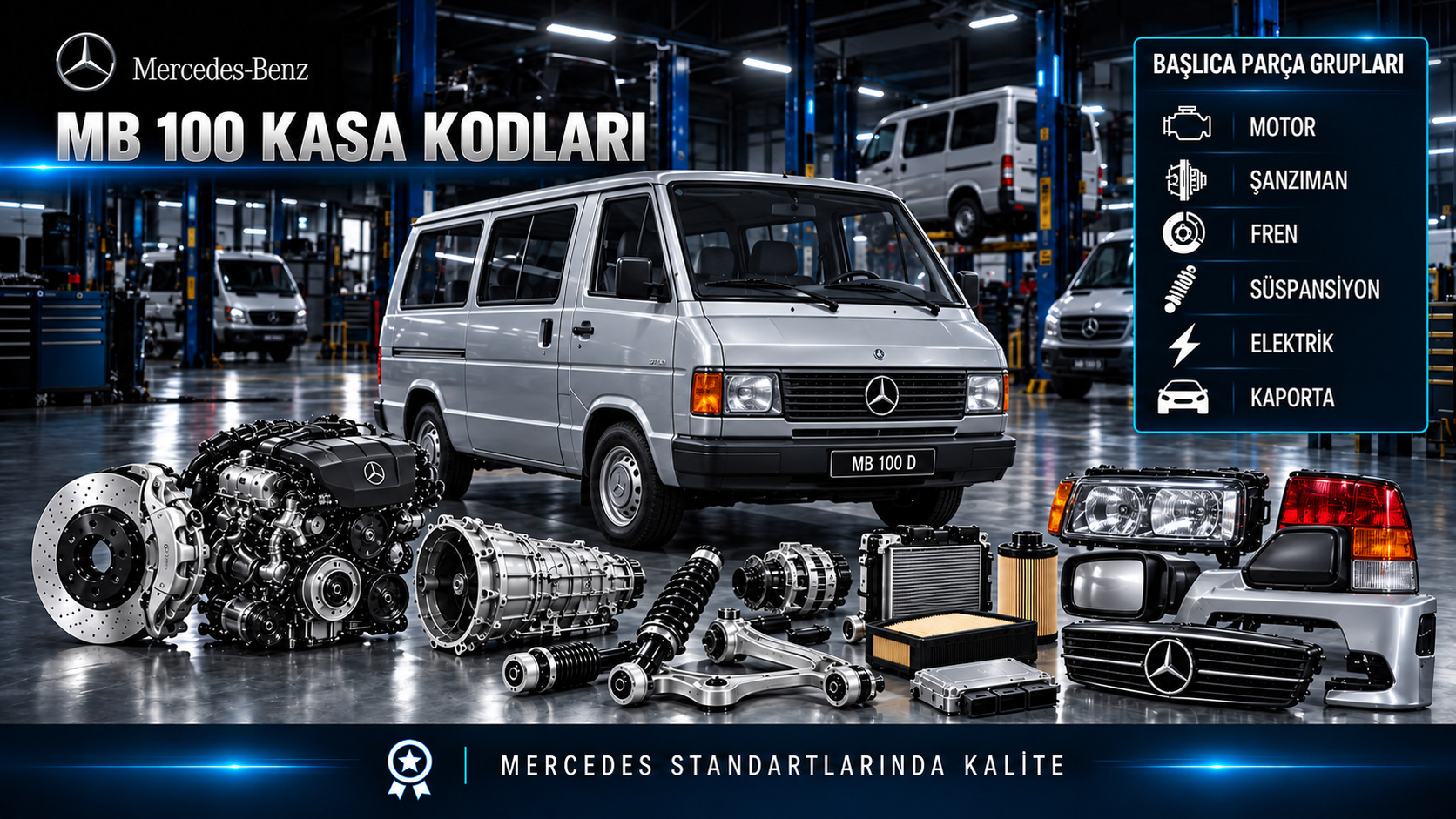 Mercedes MB 100 klasik van motor, bakım, yakıt, fren, direksiyon ve gövde parçaları