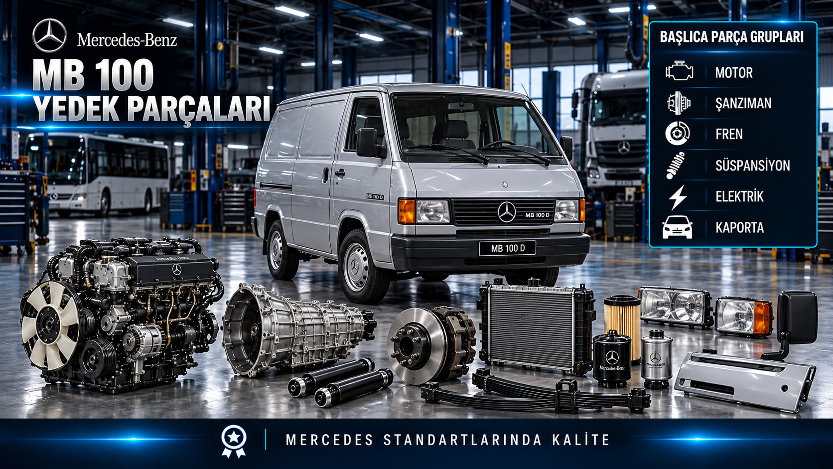 Mercedes MB 100 için kategoriye uygun tahrik, bakım, fren, süspansiyon ve gövde parçaları