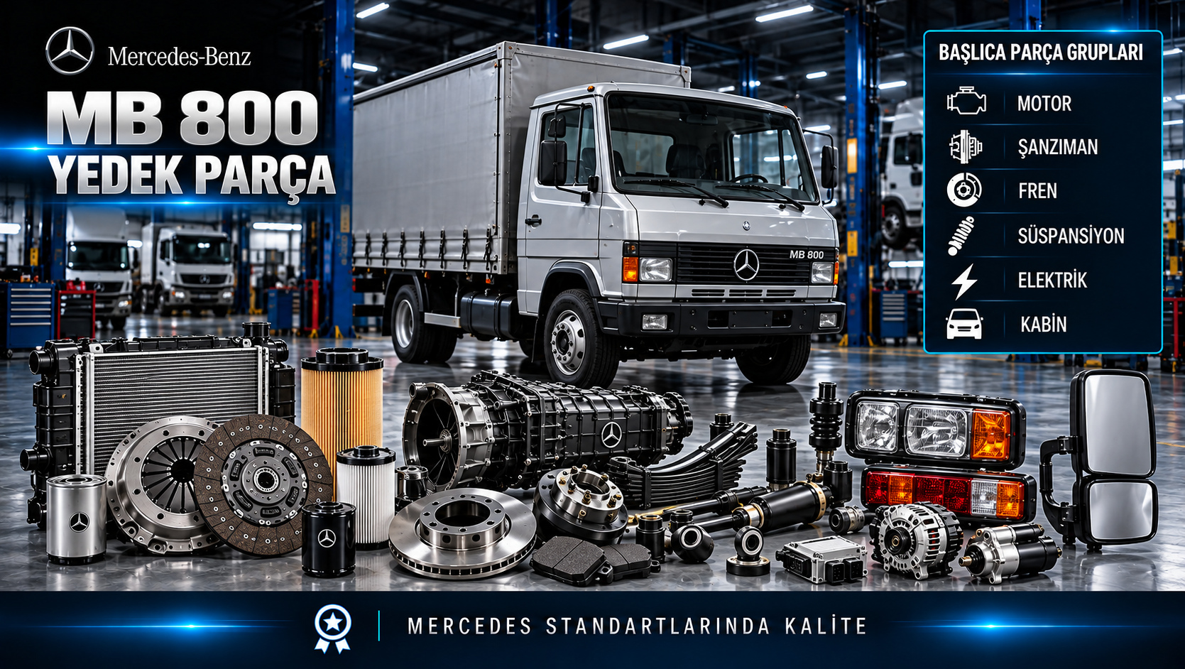 Mercedes-Benz MB 800 kategori tanımına göre motor, bakım, fren, şasi ve kabin parçaları