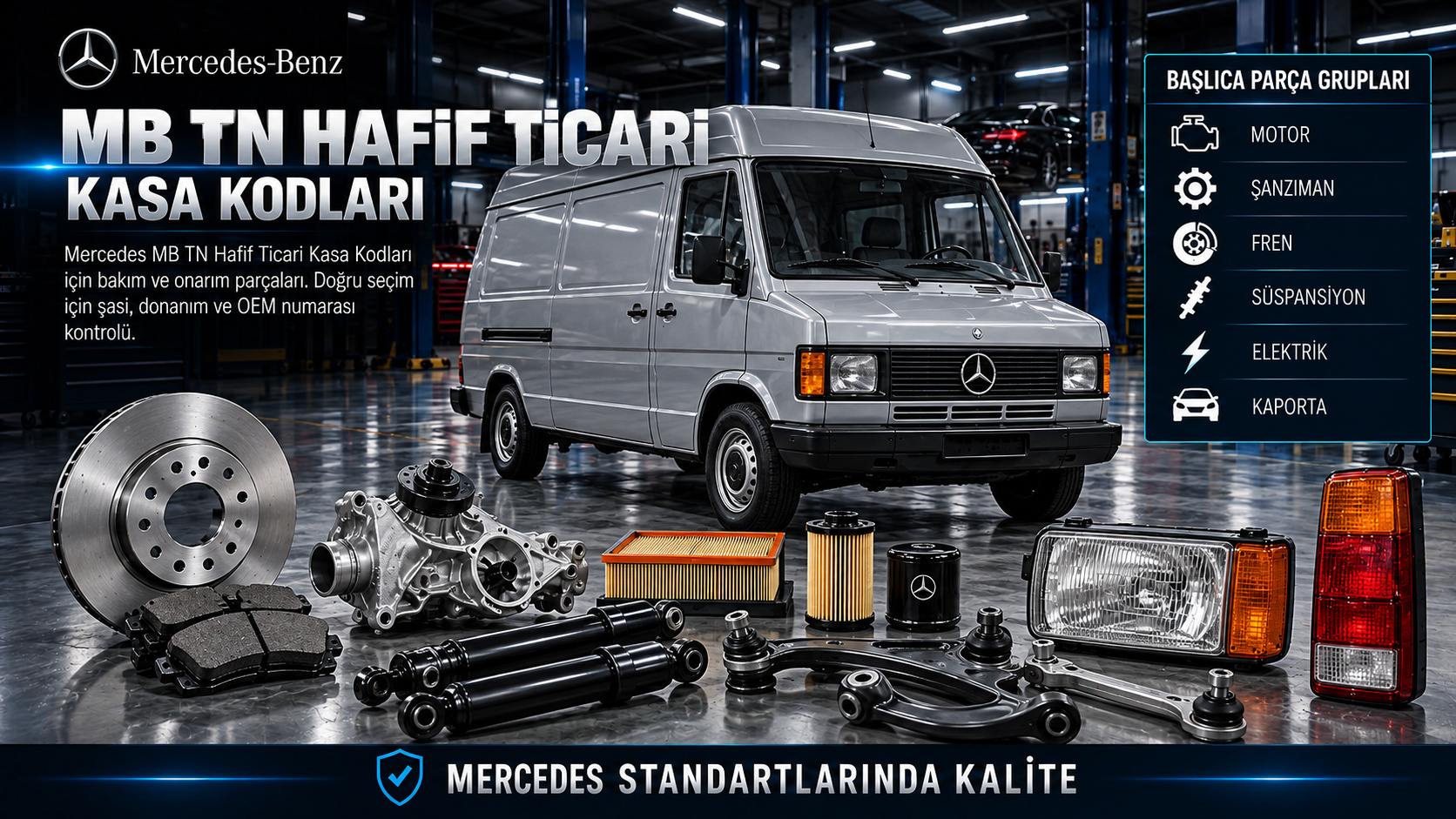 Mercedes MB TN klasik hafif ticari van, motor, debriyaj, fren, makas ve gövde parçaları