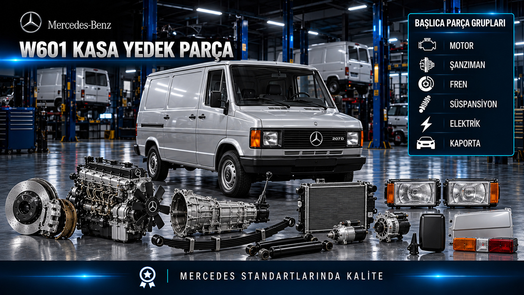 Mercedes MB TN W601 klasik ticari motor, bakım, fren, direksiyon ve gövde parçaları