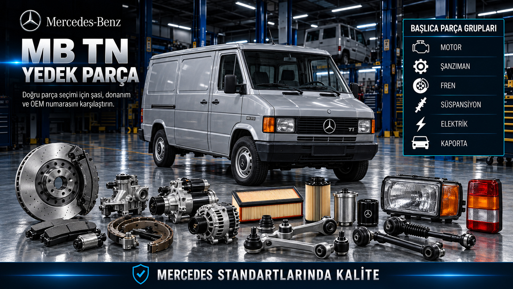 Mercedes MB TN klasik ticari van motor, debriyaj, fren, yaprak yay ve gövde parçaları