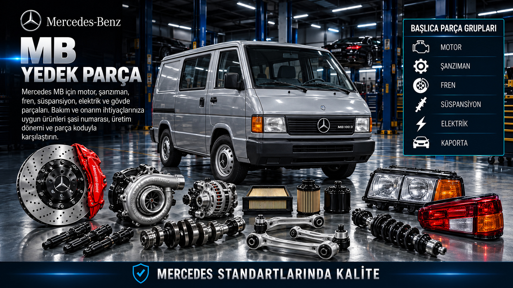 Mercedes MB ticari araç motor, bakım, fren, aktarma ve gövde parçaları